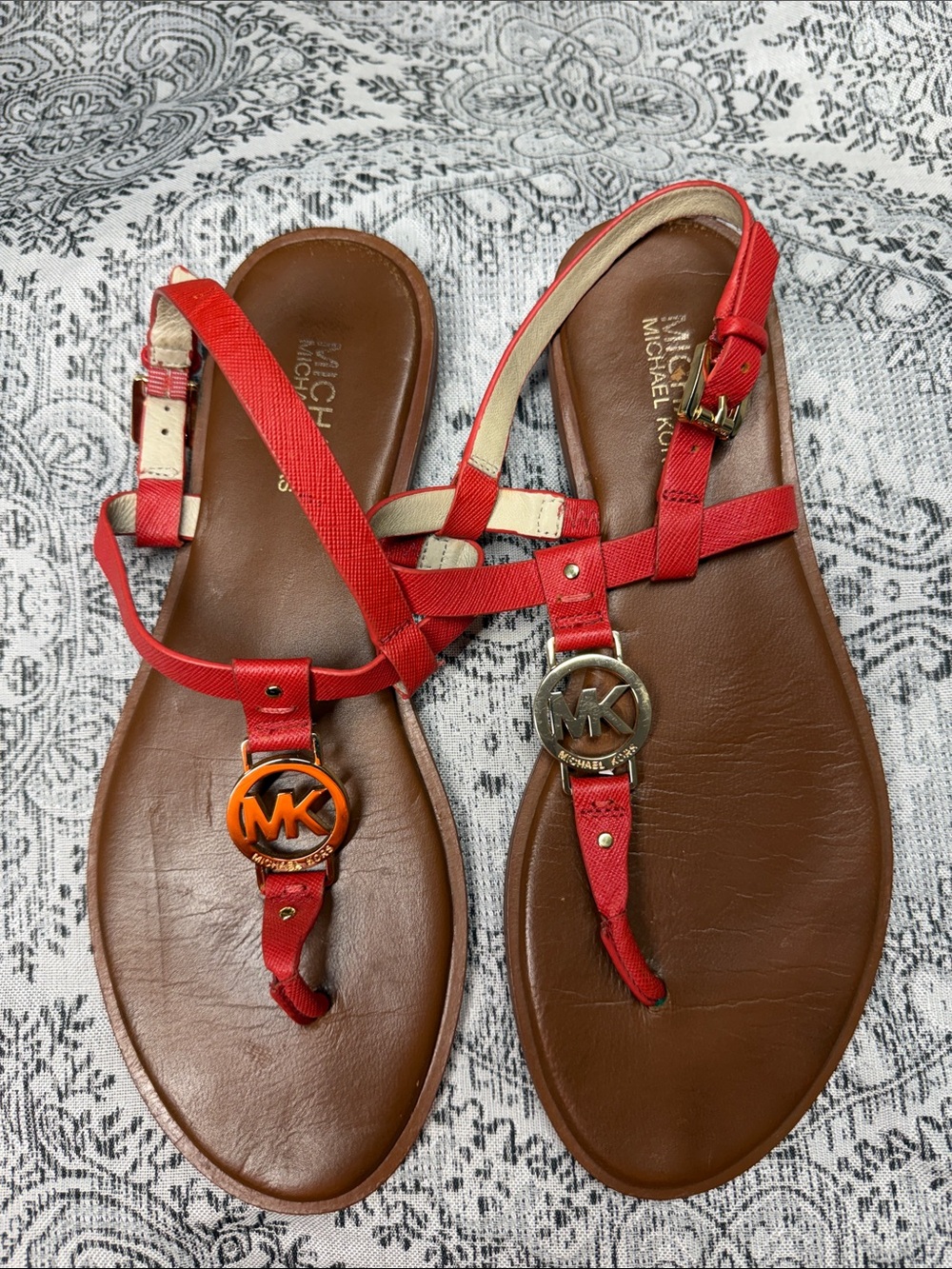 Michael Kors Leather Red T-Strap Logo Sandals with Brown Footbed - 8